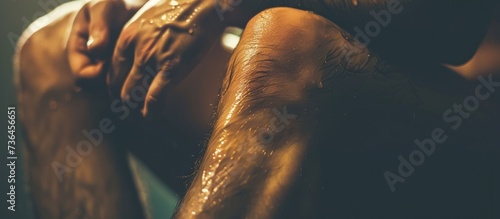 Close up a man suffering with knee cramp on dark background. AI generated image