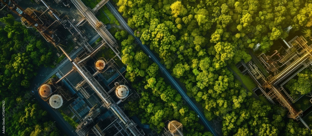 Aerial view an industrial complex against the green nature forest. AI generated image