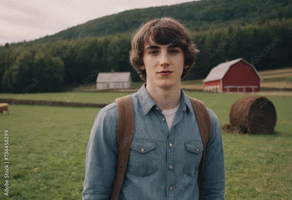 Portrait of a young male farmer, a young man, against the background of farmland