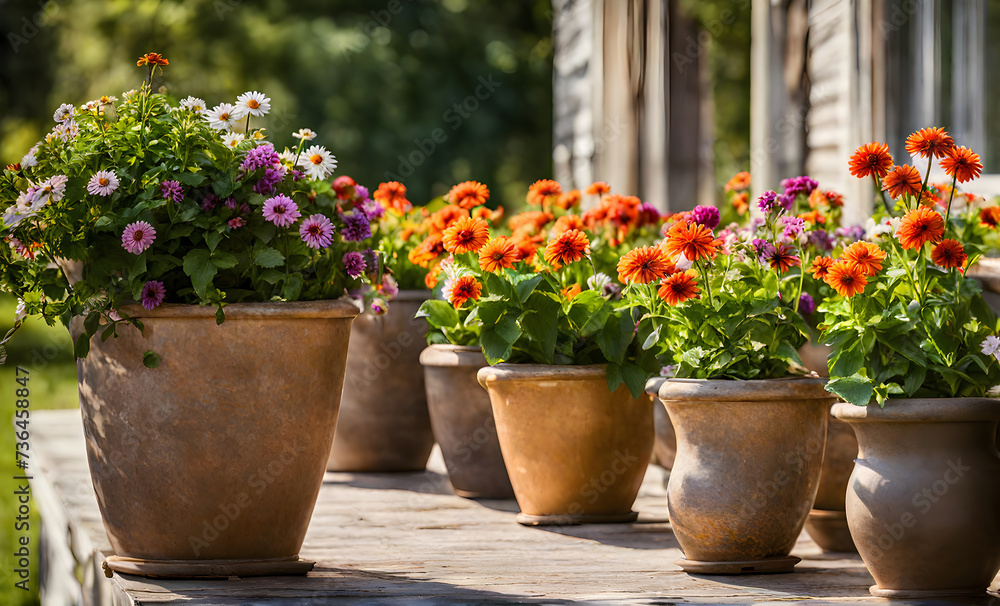 An array of terracotta flowerpots cradling an assortment of colorful flowers, captured with a shallow depth of field