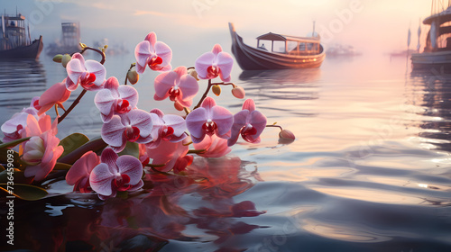 A painting of a boat with pink flowers in the water,,
orchids in forest nature landscap
