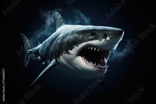 Great white shark with open mouth. Open mouth with many teeth. Black background
