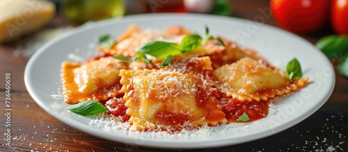 Tasty ravioli with tomato sauce, cheese, and basil on a white plate.