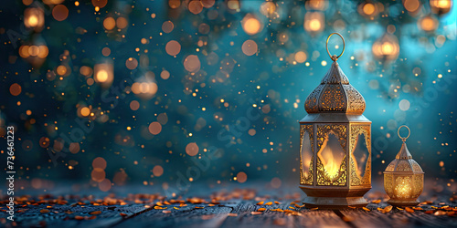 Celebrating Ramadan Kareem Illuminated Traditional Lanterns Against a Twinkling Backdrop. Warm glow of intricate lanterns lighting up, symbolizing the holy month of Ramadan against a bokeh background photo