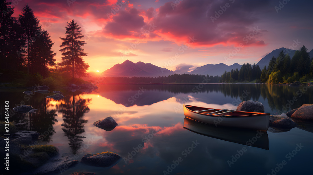 Sunset at the lake in Banff National Park, Alberta, Canada, Beautiful lake landscape view with green trees, mountains, and sunset,,
Fishing boat rests peacefully on a serene lake board mast frigate fe - obrazy, fototapety, plakaty 