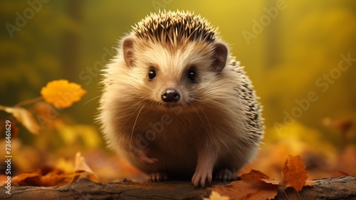 Little hedgehog sitting on big tree with grass Generated AI photos