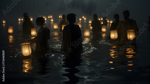 A boat full of lanterns is floating in the water with a person in a boat floating in the water,, Paper lanterns float on dark water. Traditional Floating Lantern Festival, Memorial Day 