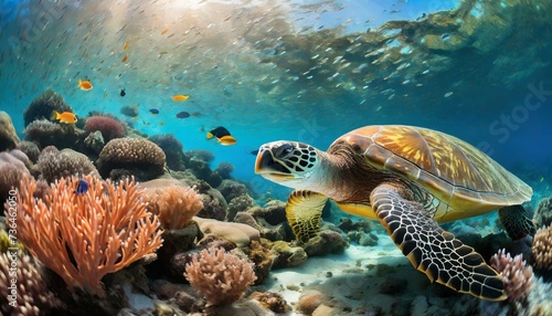 turtle and coral reef under water