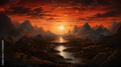 Sunrise wallpaper,, Painting of a fantasy landscape 