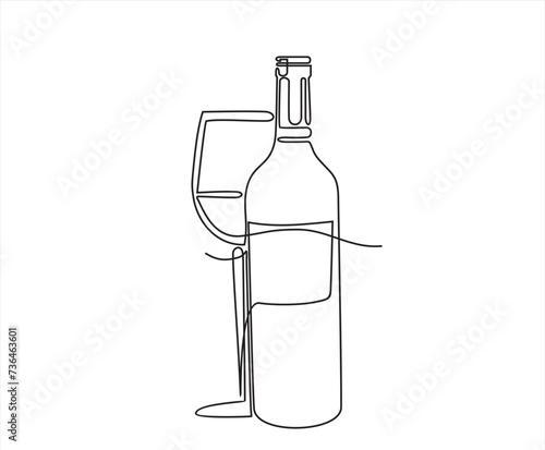 Bottle of wine with wineglass in continuous line art drawing style. Minimalist black linear sketch isolated on white background. Vector illustration