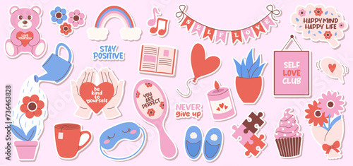 Set of self love and self care elements and phrases. Cute flat vector stickers.