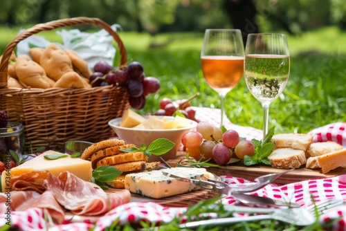 A charming outdoor spread awaits, with a delicious assortment of snacks and wine served in elegant stemware from a picnic basket atop a grassy meadow