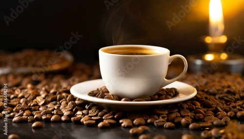 White cup of hot coffee with beans on dark table with candle light in blur
