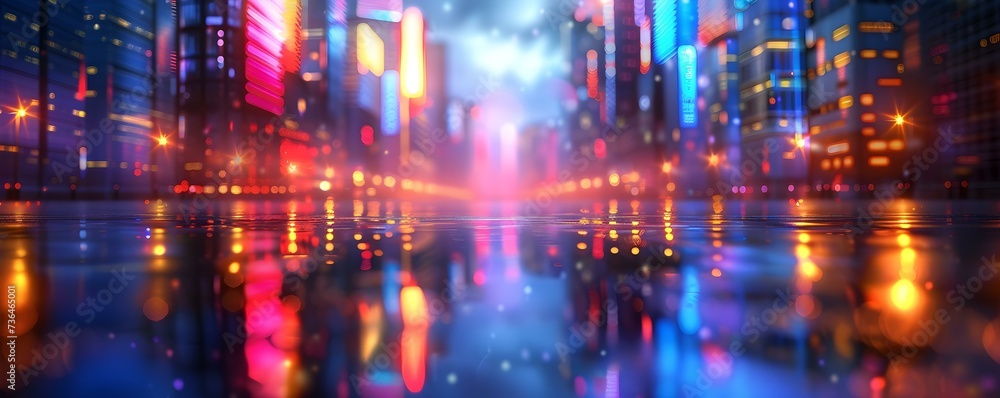 Vibrant neon lights bring a futuristic city to life as dusk settles. Concept Fusion of Technology and Nature, Urban Jungle, Electric Nights, Neon Cityscapes, Futuristic Skylines