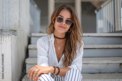 A stylish lady exudes confidence as she sits on the steps, her long hair falling over her shoulder, donning trendy sunglasses and a smile that lights up the building behind her