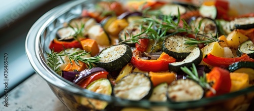 Close up of traditional vegetarian Tian Provencal casserole with assorted veggies.