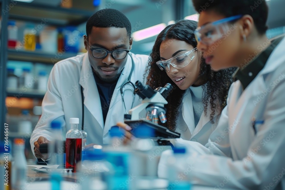 A team of skilled scientists, donned in crisp lab coats and equipped with glasses and transparent materials, intently observe a microscopic world of chemical reactions and potential medical breakthro