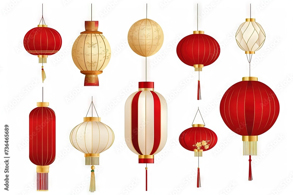 Chinese lantern design set in red, gold and white, vector, isolated on white background