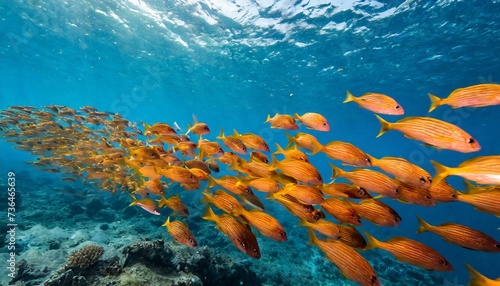 flock of orange fish in blue ocean water