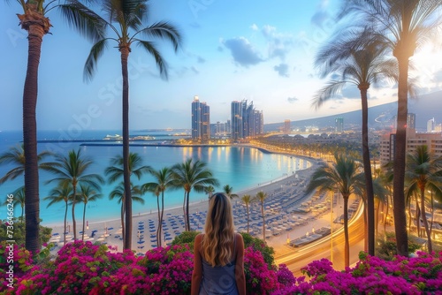 A lone figure gazes upon a vibrant scene of urban and natural beauty, her eyes drawn to the contrast between the towering skyscrapers and the tranquil shore dotted with tropical plants and the majest