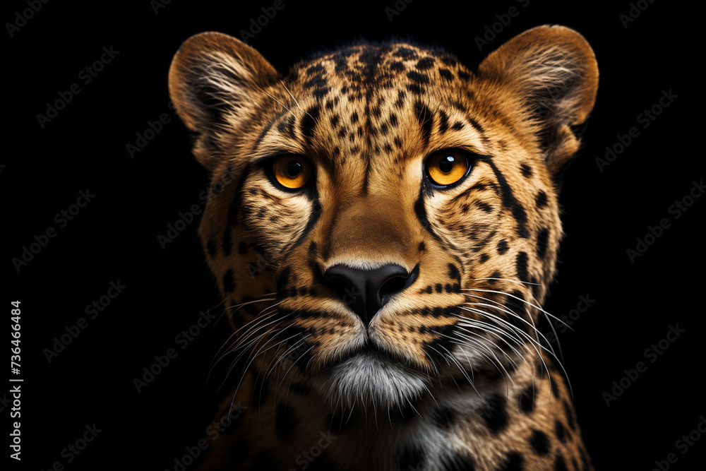 Close-up of a cheetah face, showcasing its intense amber eyes and intricate fur pattern against a black background Close-up of a cheetah face, showcasing its intense amber eyes and intricate fur pattern against a black background