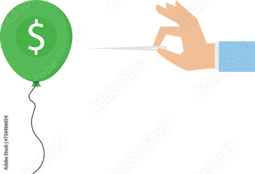 Businessman with needle pierces Us Dollar coin balloon, Business decision and market analysis concept,
