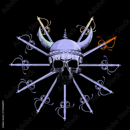 Viking skull and Renaissance swords t-shirt design.