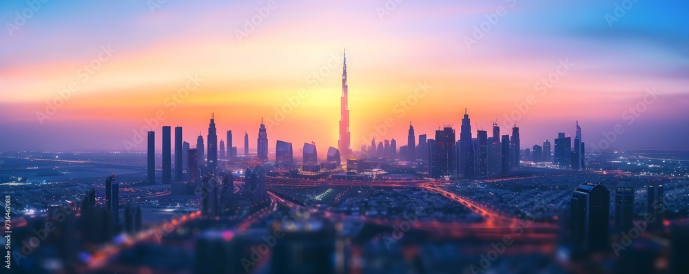 Silhouetted city skyline against a spacious urban background illuminated at dusk. Concept Cityscapes at Dusk, Urban Silhouettes, Spacious Urban Background, Illuminated Skyline