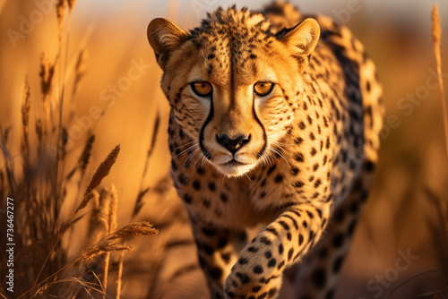 Majestic cheetah prowls through grass during the golden hour, its intense gaze fixed forward, embodying the wild untamed beauty