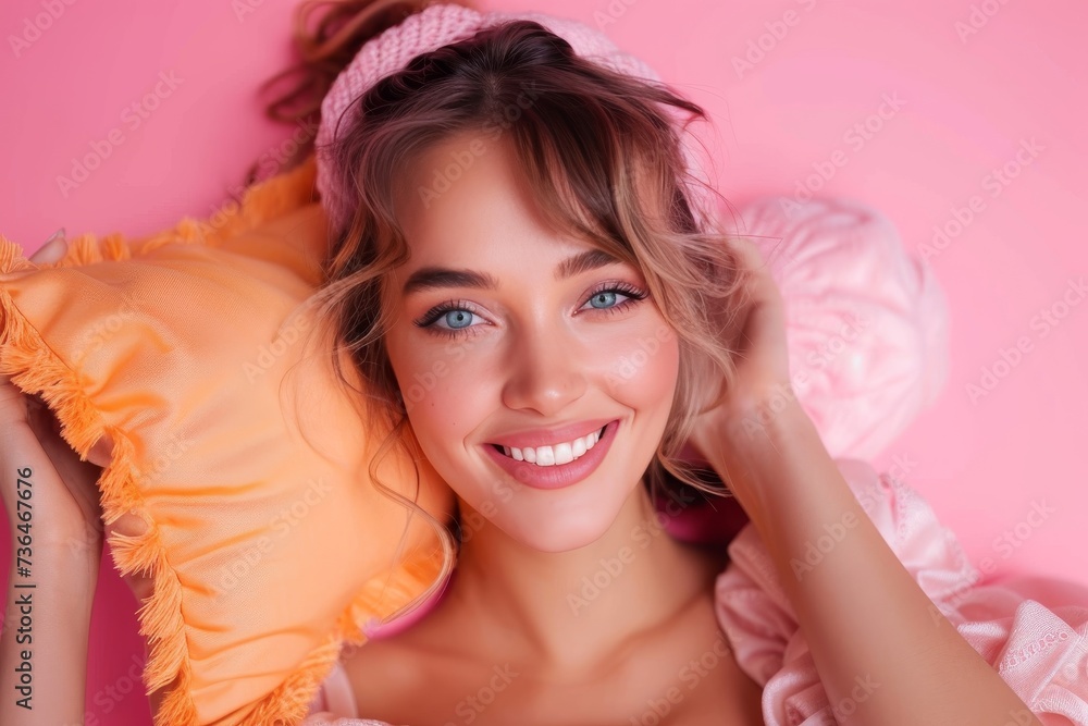 A radiant woman exudes confidence and grace as she rests upon a delicate pink backdrop, her captivating smile and flawless skin captured in a stunning indoor photo shoot A radiant woman exudes confidence and grace as she rests upon a delicate pink backdrop, her captivating smile and flawless skin captured in a stunning indoor photo shoot