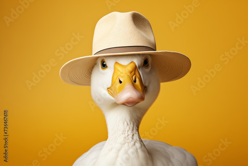 Quirky white goose in a stylish sun hat against a vibrant yellow background, creating an unusual, humorous visual for summer travel or fashion advertisement
