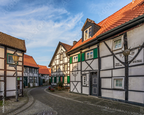 Typical medieval old town with half-timbered houses in Altesdorf Westerholt in Germany