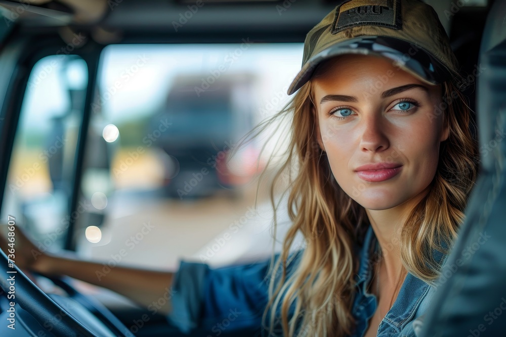 A young woman with long hair wears a fashionable hat as she poses in front of a car, exuding confidence and style in the great outdoors A young woman with long hair wears a fashionable hat as she poses in front of a car, exuding confidence and style in the great outdoors