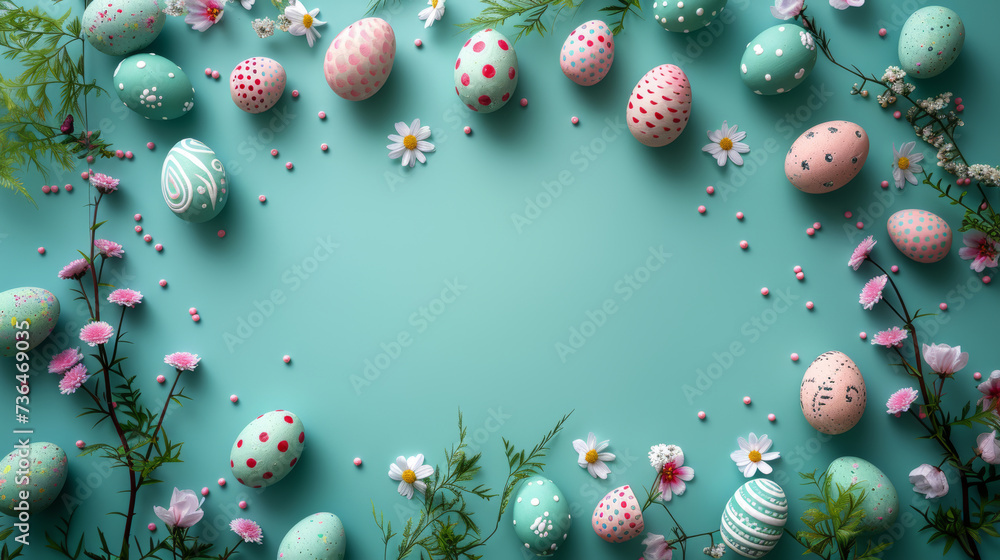 Easter Egg Frame on Teal Background.
Teal background framed with pastel Easter eggs. Easter Egg Frame on Teal Background.
Teal background framed with pastel Easter eggs.