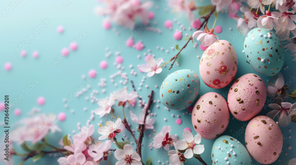 Spring Blossoms with Easter Egg.s
Cherry blossoms with Easter eggs on a teal backdrop. Spring Blossoms with Easter Egg.s
Cherry blossoms with Easter eggs on a teal backdrop.