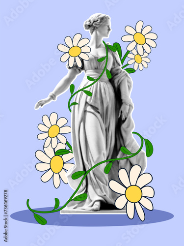 A female statue with a halftone effect entwined with hand-drawn daisies. Vector illustration in retro collage style.