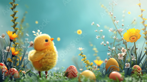 Charming Chick in Spring Meadow. Cute chick among Easter eggs in a vibrant spring field.