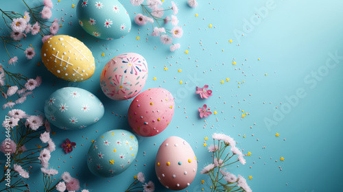 Pastel Easter Eggs on Blue Background.
Pastel-coloured Easter eggs with flowers on blue.