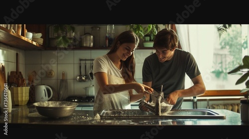 Joyful couple doing the dishes together