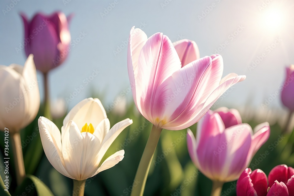 Naklejka premium Spring background with field of tulips and sunshine.