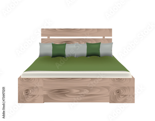 Wooden king size bed with pillows, vector