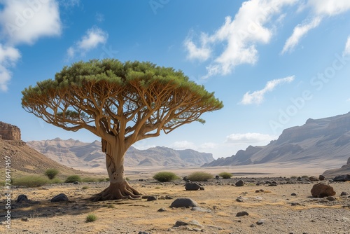 Dragon blood tree Socotra in front of desert background. photo