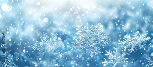 Winter background featuring real snowflakes in cold blue tones.