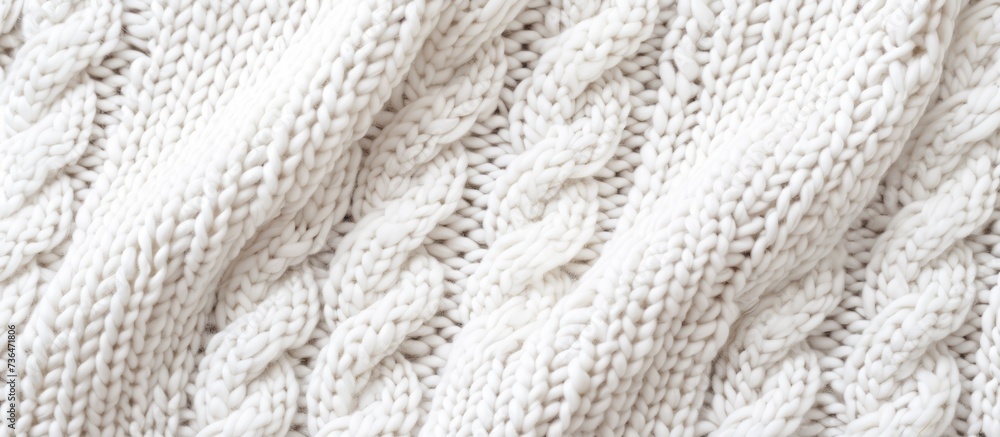 White wool knit fabric with cable pattern as backdrop White wool knit fabric with cable pattern as backdrop