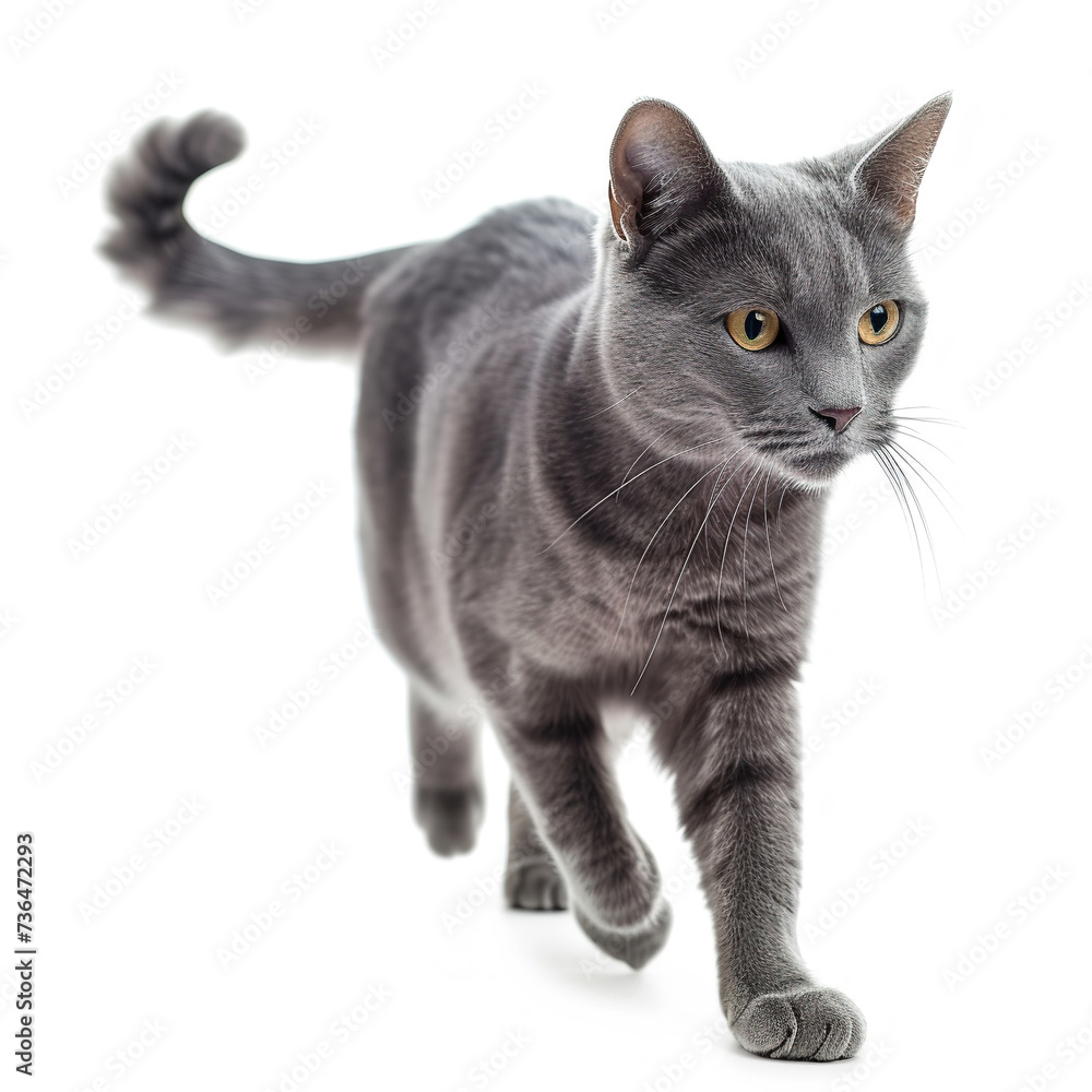 Big grey cat walking on white background