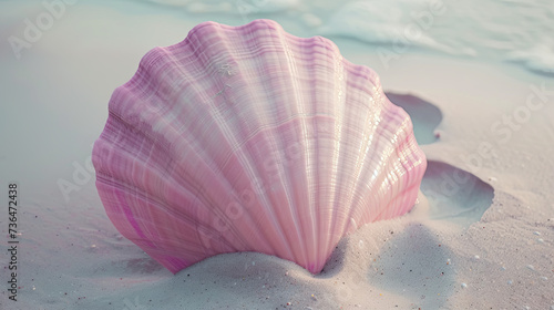 Beautiful sea pink shell on the shore of the blue ocean