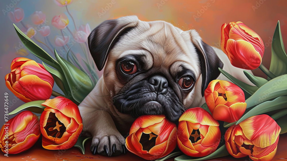 Beige cute pug with a beautiful bouquet of tulips on a peach background