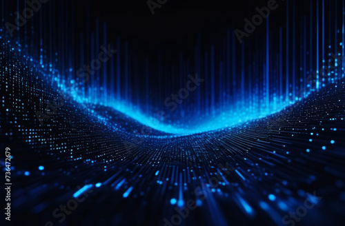 Abstract technology wave of particles background. Big data visualization. Dark digital background with neon light lines. Artificial intelligence.