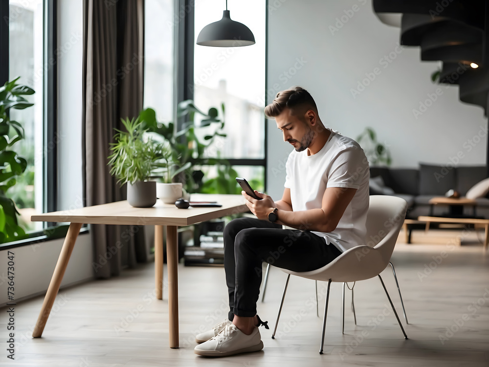 Man using smartphone blank screen frameless modern design while sitting on the chair in home interior design. Man using smartphone blank screen frameless modern design while sitting on the chair in home interior design.