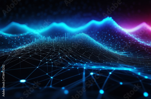 Abstract technology wave of particles background. Big data visualization. Dark digital background with neon light lines. Artificial intelligence.